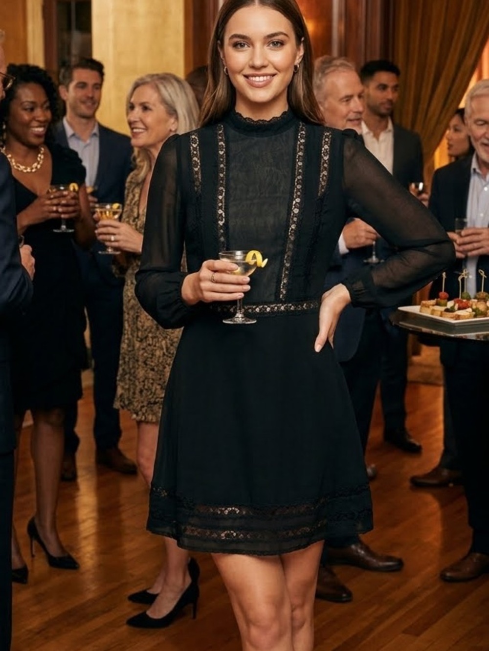 Reformation Florence Elegant Black Lace-Trim Long-Sleeve Dress Sz 6